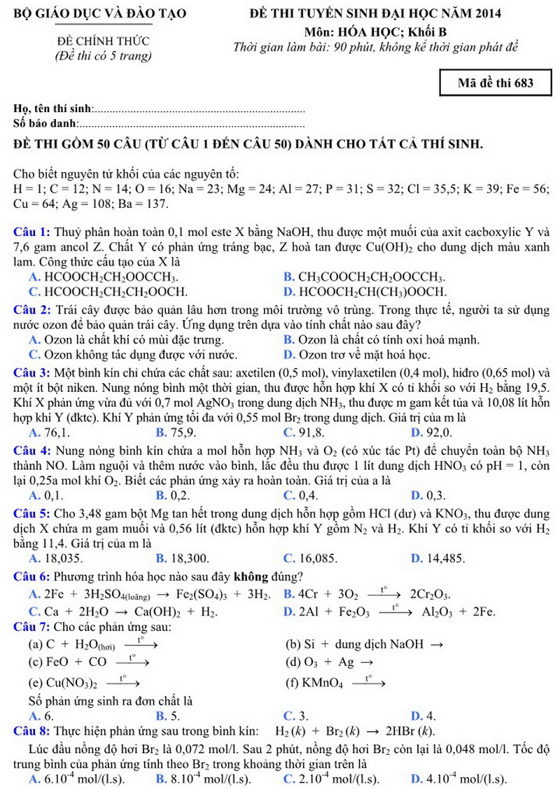 Đề và Đáp án thi Đại học năm 2014 môn Hóa học