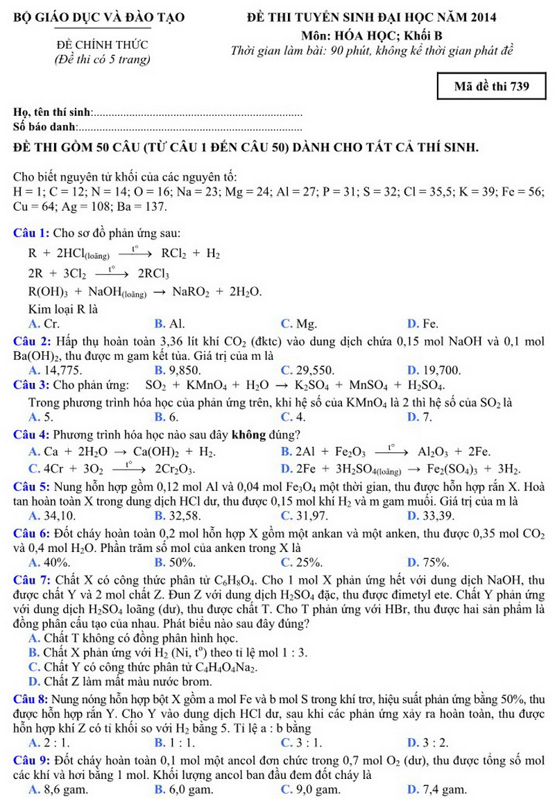 de-hoab-739-dh2014-01 Đề và Đáp án thi Đại học năm 2014 môn Hóa học