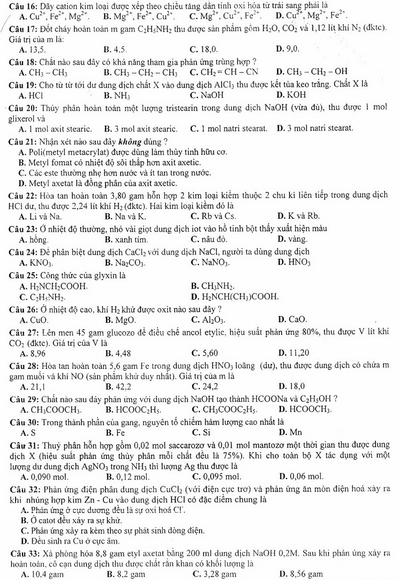 Đề thi thử môn Hóa